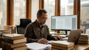 A professional author reviewing a manuscript and digital distribution data for successful book publishing.