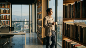 A professional author reviewing a manuscript and digital distribution data for successful book publishing.