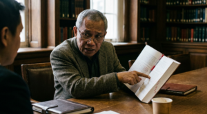 A professional author reviewing a manuscript and digital distribution data for successful book publishing.