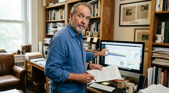 A professional workspace showing a laptop screen with digital publishing analytics tracking data and engagement charts.