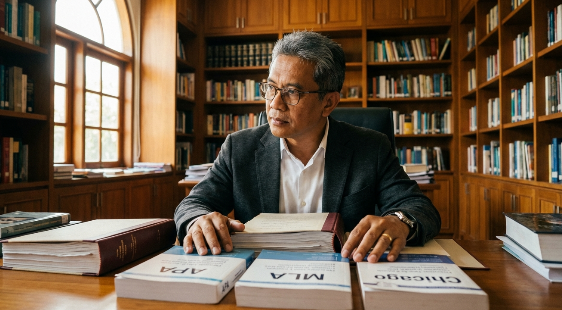 A detailed comparison of academic publishing citation formats including APA, MLA, and Chicago style manuals on a desk.