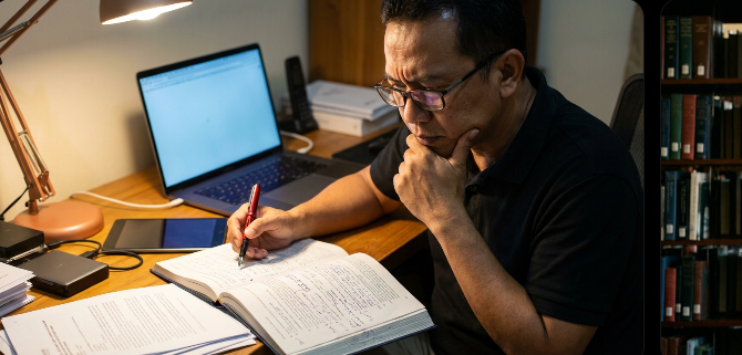A professional academic editor evaluating a manuscript during the academic publishing peer review process.