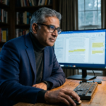 A researcher carefully analyzing a manuscript to identify and avoid academic publishing predatory journals.