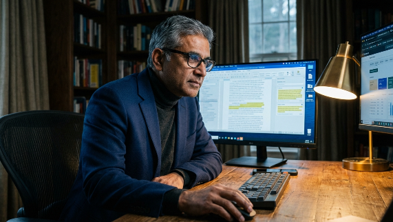 A researcher carefully analyzing a manuscript to identify and avoid academic publishing predatory journals.