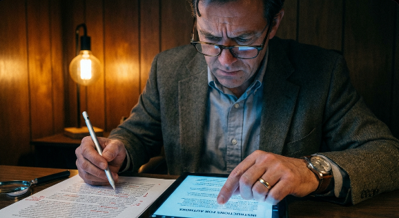 A focused scholar meticulously reviewing academic publishing submission guidelines on a clean workspace.