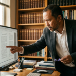A focused scholar meticulously reviewing academic publishing submission guidelines on a clean workspace.