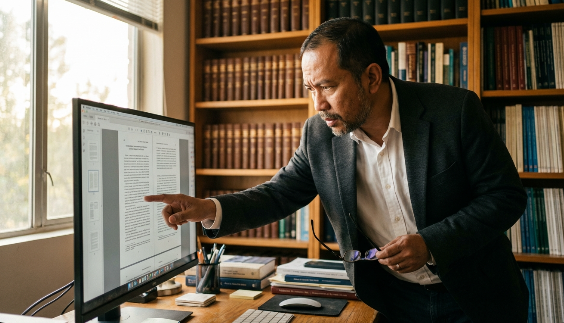 A focused scholar meticulously reviewing academic publishing submission guidelines on a clean workspace.
