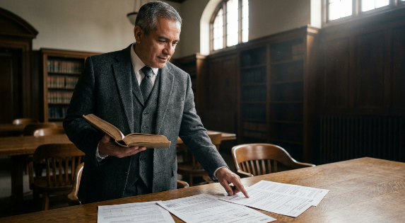 A professional workspace with legal documents and a book featuring an ISBN barcode, representing book publishing legal requirements.
