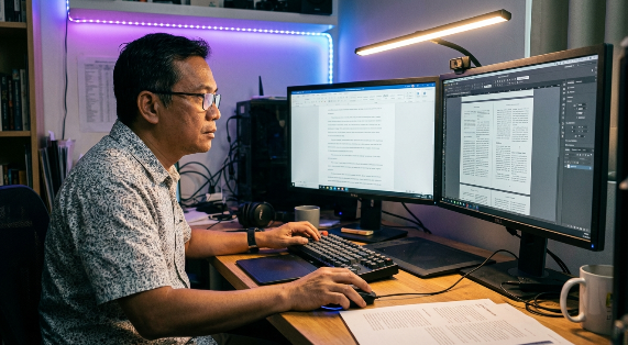 A professional desk featuring a printed manuscript, a digital tablet, and a fountain pen representing the book publishing process steps.
