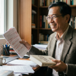A professional desk featuring a printed manuscript, a digital tablet, and a fountain pen representing the book publishing process steps.