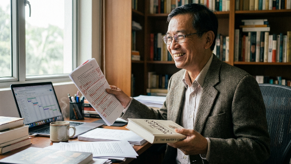 A professional desk featuring a printed manuscript, a digital tablet, and a fountain pen representing the book publishing process steps.
