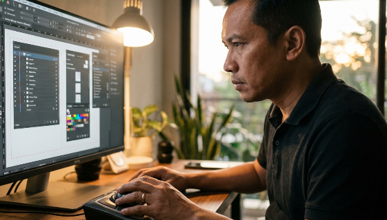 Alt Text Gambar Utama: A professional workstation showing advanced book publishing software tools used for interior page layout and typography.