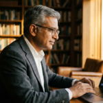 A professional workspace showing a laptop screen with digital publishing analytics tracking data and engagement charts.