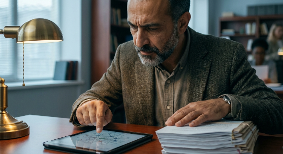 A professional workspace showing a laptop screen with digital publishing analytics tracking data and engagement charts.
