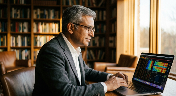 A professional workspace showing a laptop screen with digital publishing analytics tracking data and engagement charts.
