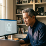 A high-tech digital shield protecting an e-book file, symbolizing digital publishing copyright protection.