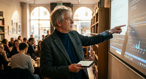 A high-end tablet displaying digital publishing interactive content within a modern e-book layout.