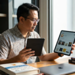 An author reviewing a digital publishing platforms comparison on a tablet and laptop to decide between Kindle and Apple Books.