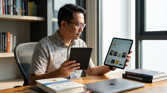 An author reviewing a digital publishing platforms comparison on a tablet and laptop to decide between Kindle and Apple Books.