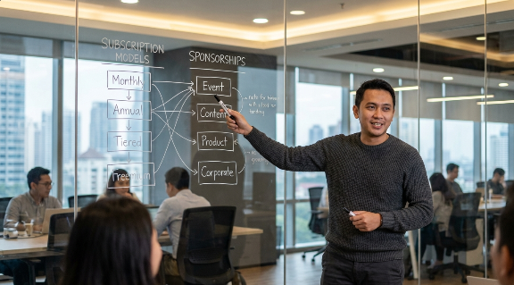 A professional digital creator analyzing various digital publishing revenue models on a high-end workstation.