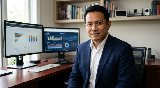 A professional digital creator analyzing various digital publishing revenue models on a high-end workstation.