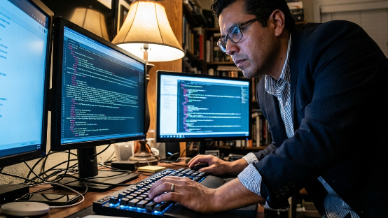 A professional digital publisher analyzing search engine data to implement advanced digital publishing SEO techniques for an e-book launch.