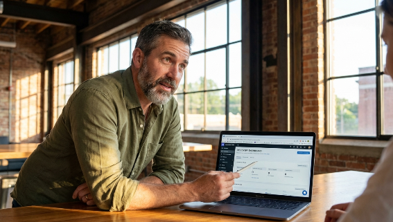 A professional author analyzing a tablet screen showing digital publishing subscription services metrics and reader growth charts.