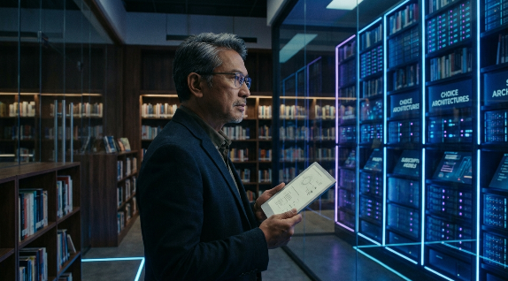 A professional author analyzing a tablet screen showing digital publishing subscription services metrics and reader growth charts.