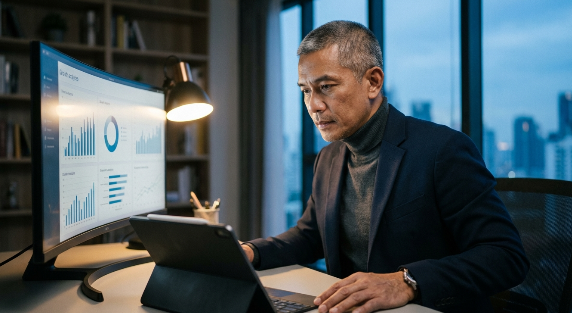 A professional author analyzing a tablet screen showing digital publishing subscription services metrics and reader growth charts.